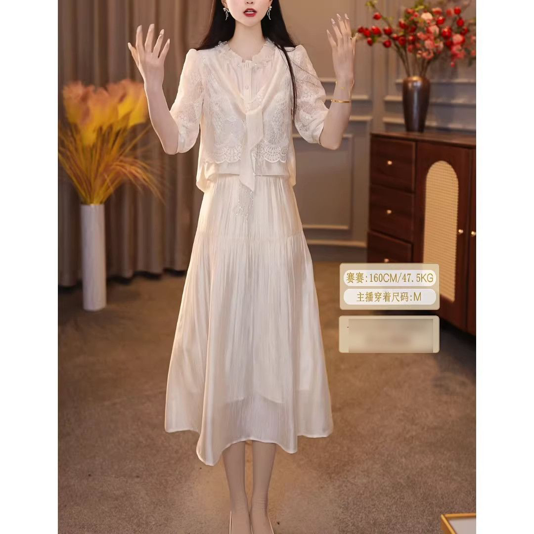 2026夏季新款女士时尚气质收腰显瘦两件套淑女风蕾丝连衣裙套装女