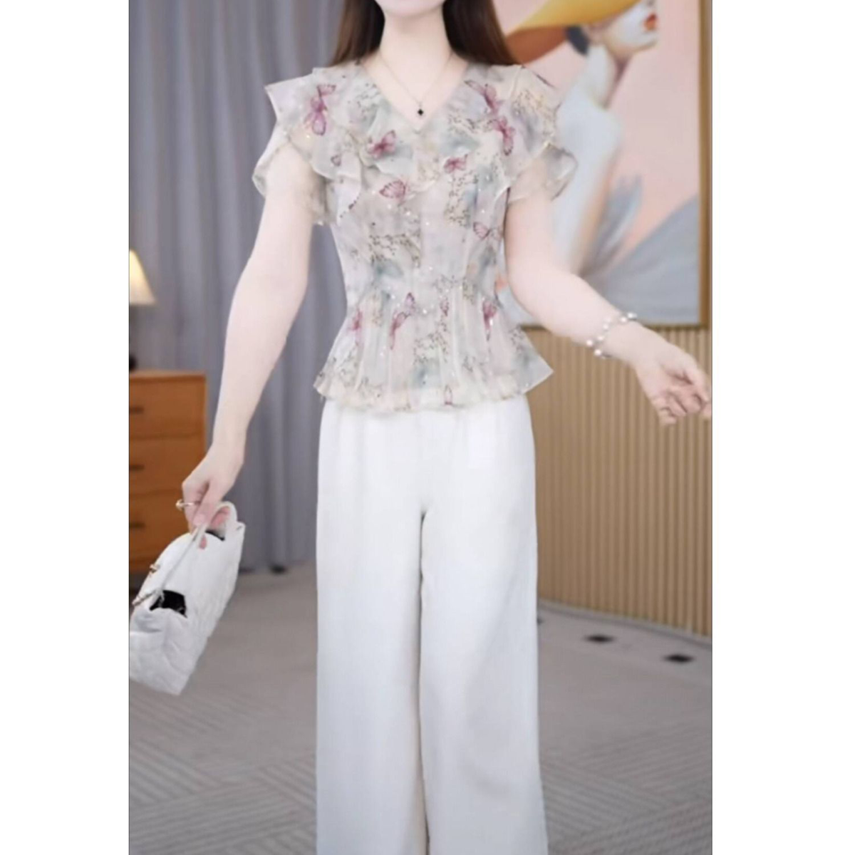2026年夏季新款女装V领荷叶边显瘦上衣+裤子休闲精致两件套装M-4X