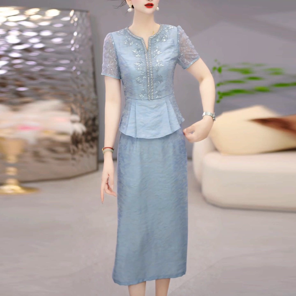 2026夏季蓝色上衣+半身裙洋气减龄时尚修身显瘦短袖套装裙M-4XL