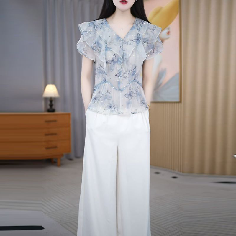 2026新款夏季超好看薄款印花短袖百搭长裤套装时尚女装两件套套裤