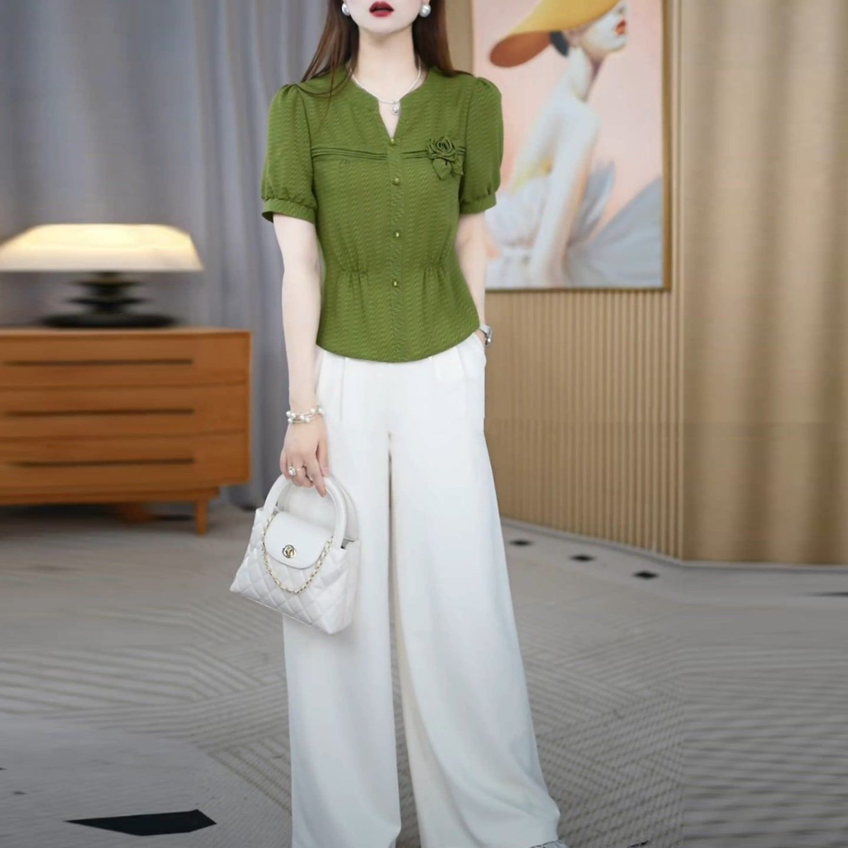 2026年夏季新款时尚休闲气质修身显瘦减龄上衣+裤子两件套装M-4XL