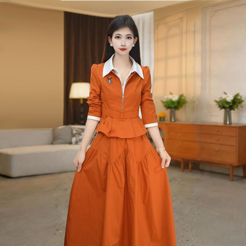 翻领条纹拼接小衫套裙女秋季2026新款爆款减龄设计感半身裙两件套