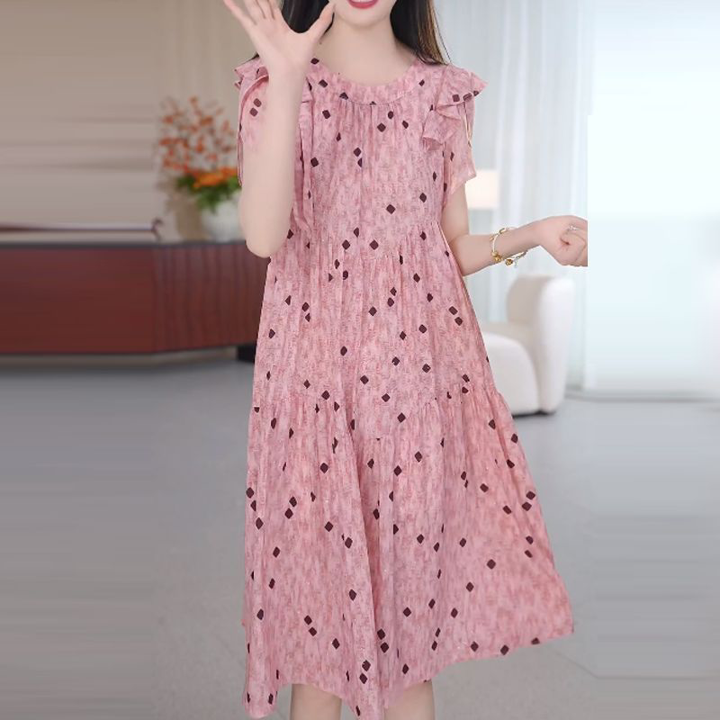 2026新款夏季宽松显瘦妈妈装中长款圆领大码裙子时尚波点连衣裙女