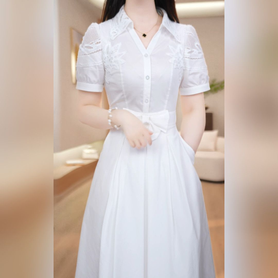 2026夏季新款连衣裙女夏装很仙的白色蝴蝶结镂空刺绣连衣裙M-4XL