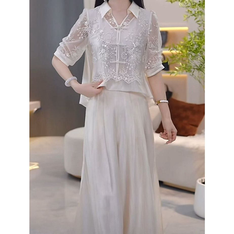 2026新款夏季气质显瘦减龄新中式套装高级天丝刺绣两件套上衣裤子