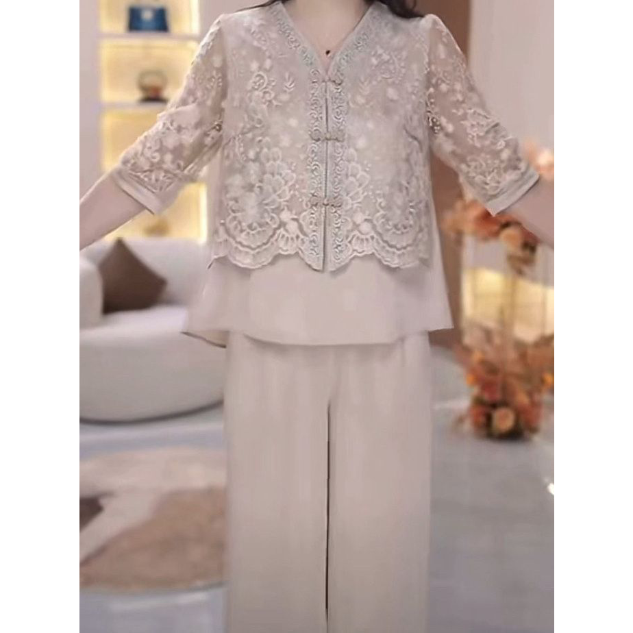 2026夏季新款气质显瘦洋气新中式套装时尚简约缎两件套装上衣裤子