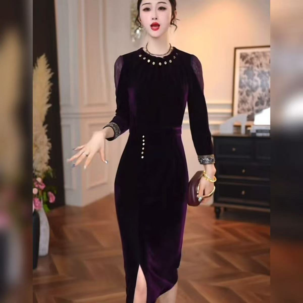 修身复古中式长高端精致连衣裙2026秋季气质女神范显瘦中长裙子