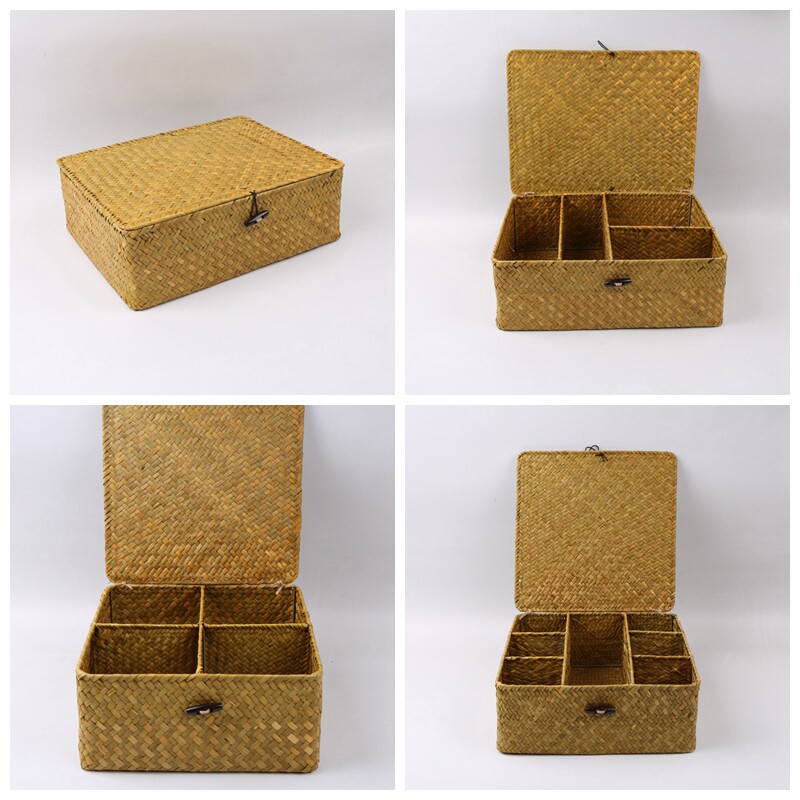 天然海草手工编织带盖收纳篮分格草编收纳筐藤草收纳盒桌面置物篮