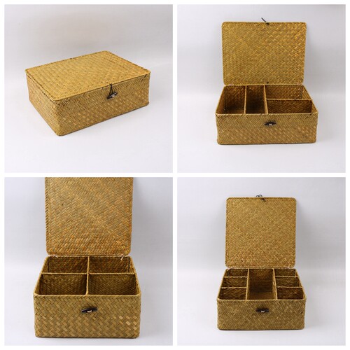 天然海草手工编织带盖收纳篮分格草编收纳筐藤草收纳盒桌面置物篮 - 封面