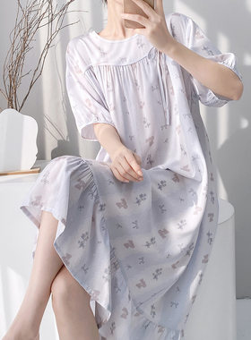 短袖棉绸睡裙女夏日系少女小清新碎花可外穿家居服软萌韩版绵绸裙