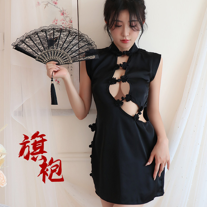性感风立领盘扣旗袍式睡裙女情调镂空修身纯欲制服免脱诱惑老公