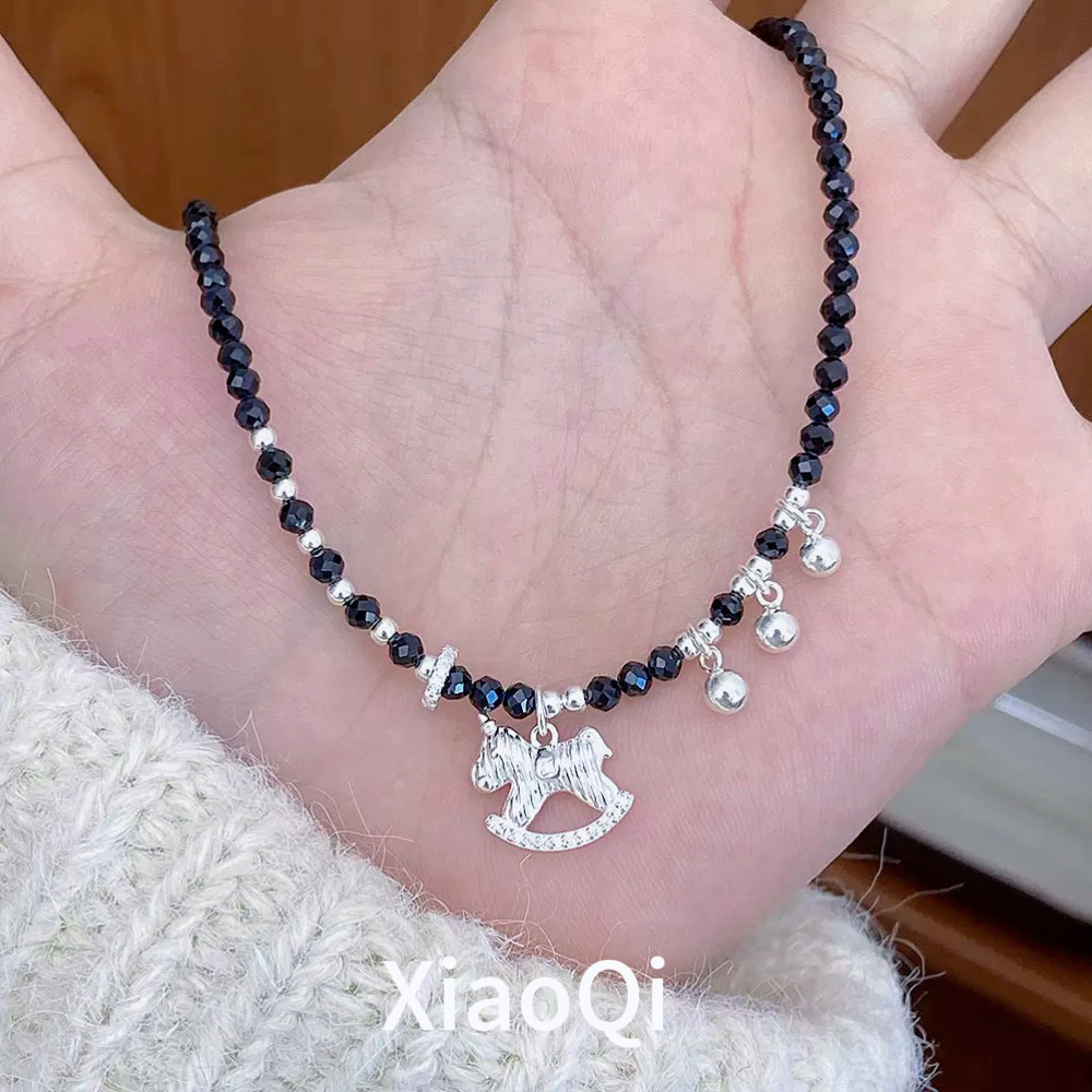小柒家小众设计感木马吊坠黑尖晶项链女手工设计时髦锁骨链手链