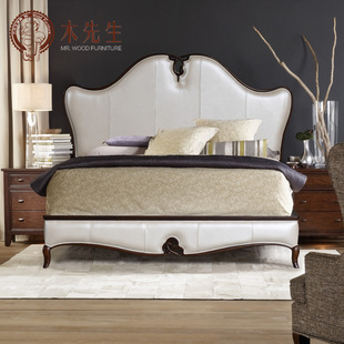 家具实木主卧牛皮雕花1米8婚床大床轻奢简约 木先生双人床美式 欧式