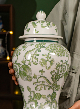 绿色石榴花将军罐陶瓷花瓶摆件新中式客厅插花高级感客厅玄关摆件