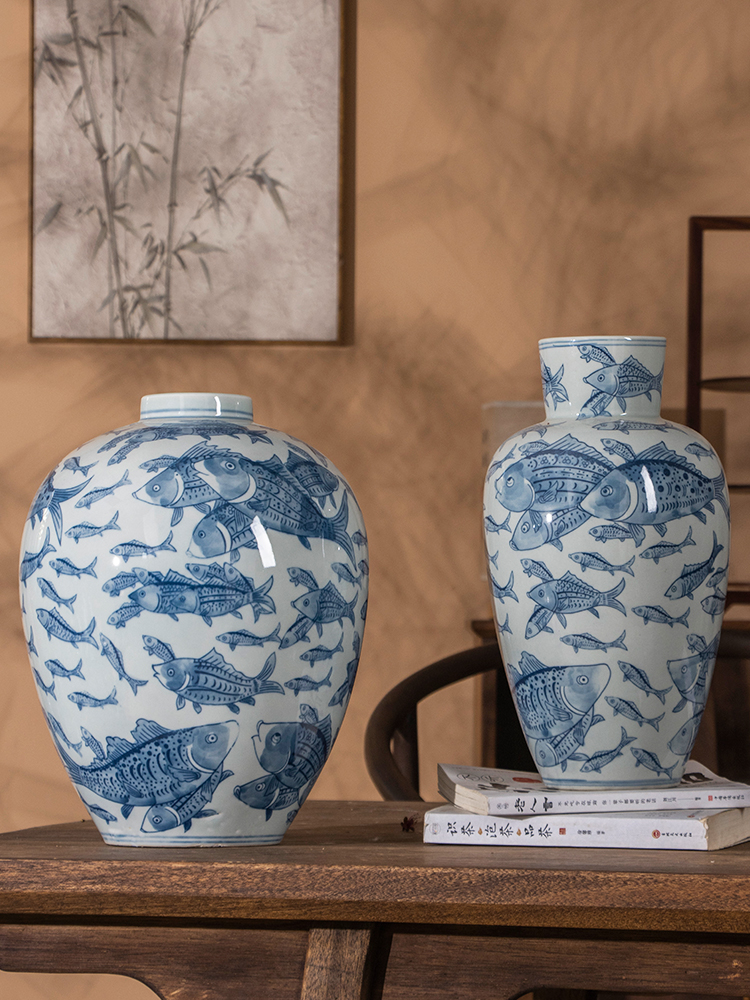 景德镇鱼群陶瓷花瓶小新中式高级感水培客厅插花青花瓷玄关摆件