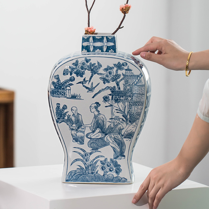 青花瓷家居中国风古典中式复古青花瓷陶瓷花瓶仿古摆件客厅插花