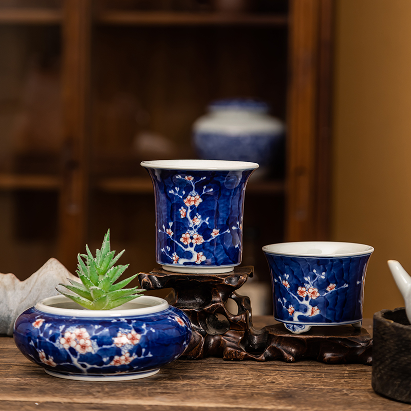 景德镇仿古青花手绘冰梅花瓶 中式陶瓷花器 书房茶桌摆件客厅玄关