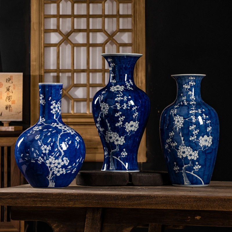 景德镇纯手绘青花瓷冰梅花瓶新中式客厅插花装饰品摆件陶瓷花瓶