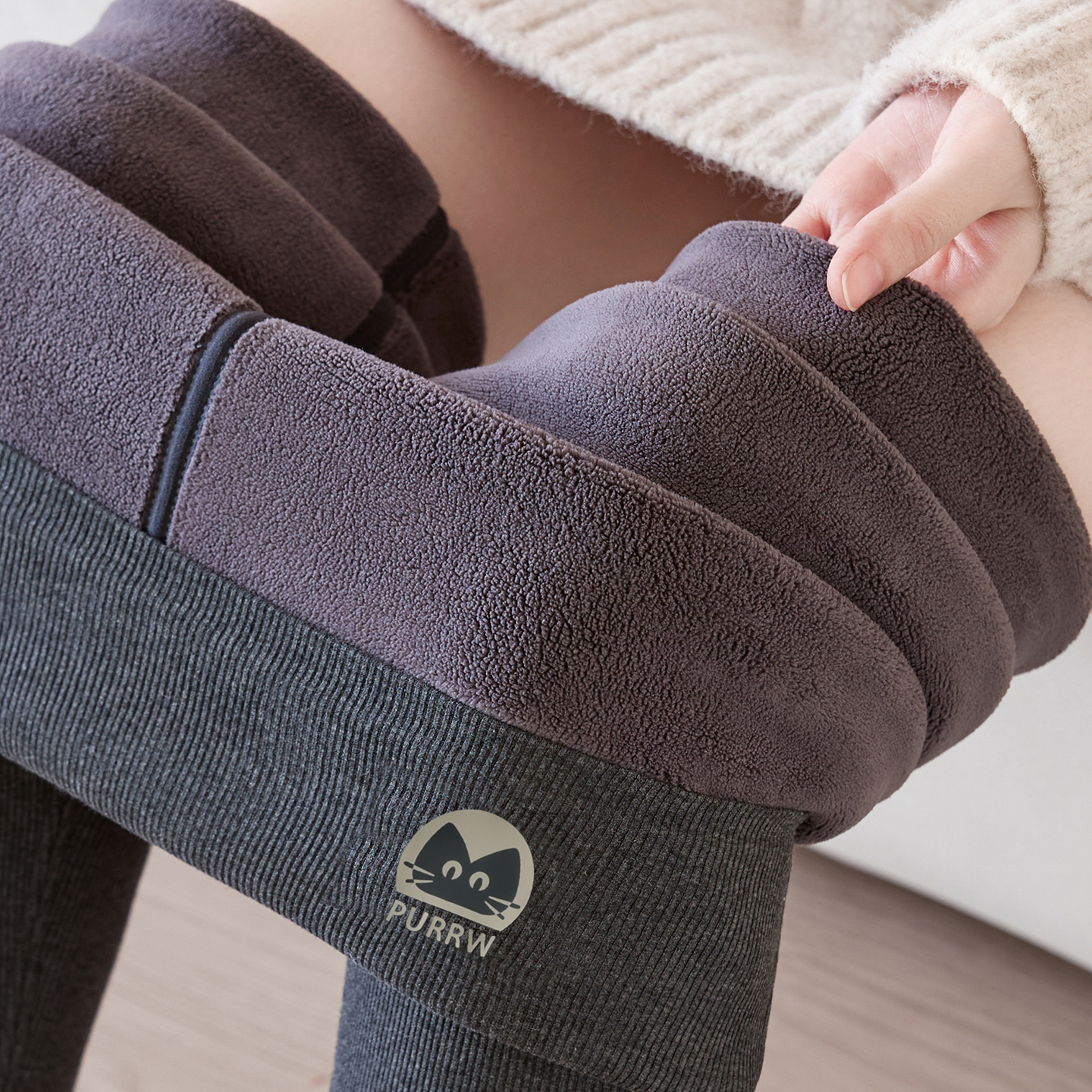 灰色竖条纹加厚羊羔绒外穿打底裤