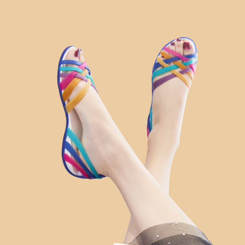 平跟塑料凉鞋女妈妈夏季新款外穿洞洞沙滩鞋防滑软底水晶果冻凉鞋