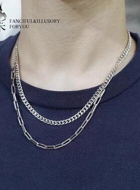 羿采男士925纯银古巴银项链潮简约INS挂饰双层锁骨链素链喜平链女