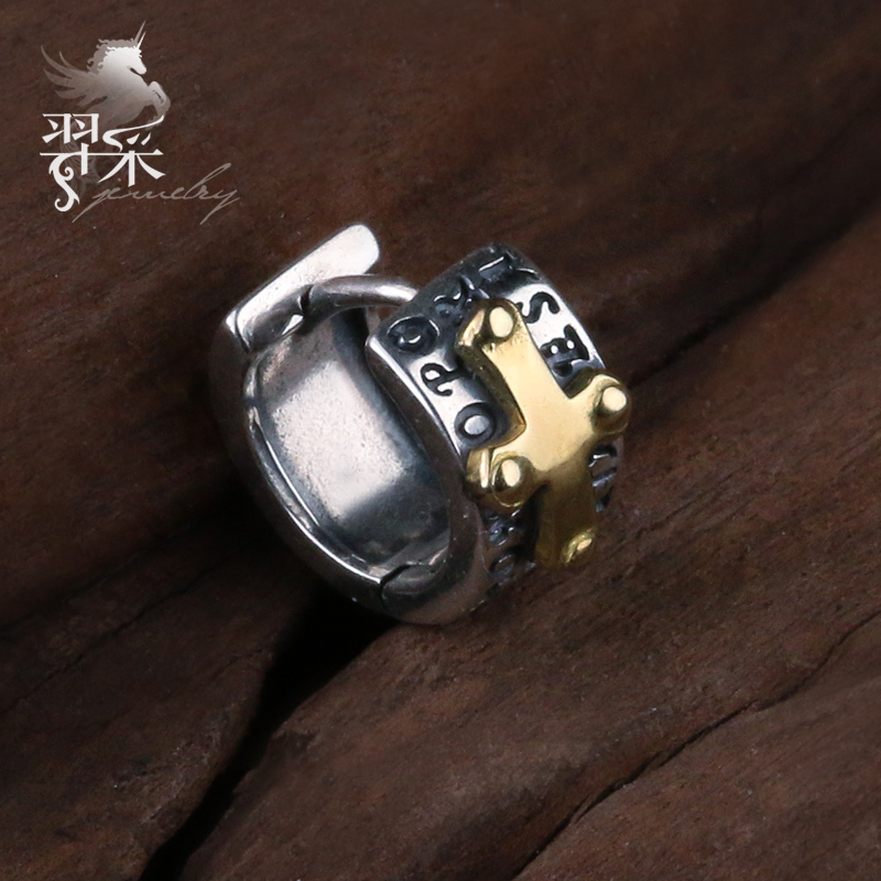 羿采男女生925纯银耳环霸气十字