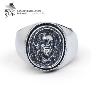 羿采纯银戒指情侣复古男子气概纹章个性设计机车手饰品潮人街头