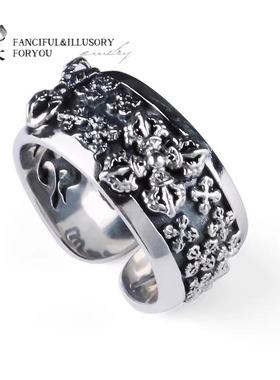 羿采男士925纯银六字真言小众设计感复古金刚杵潮人嘻哈个性指环