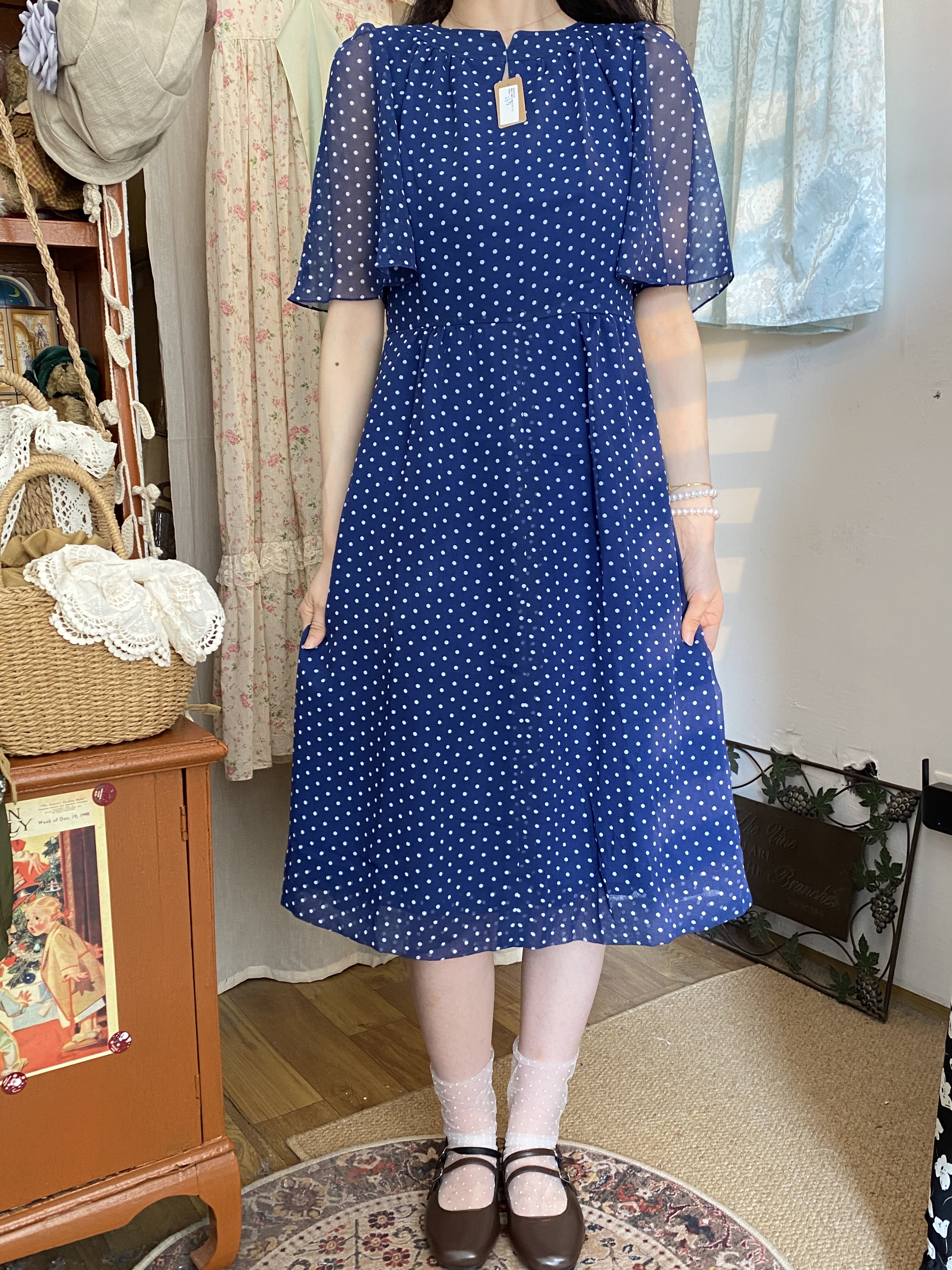 日本 vintage 波点小飞连衣裙