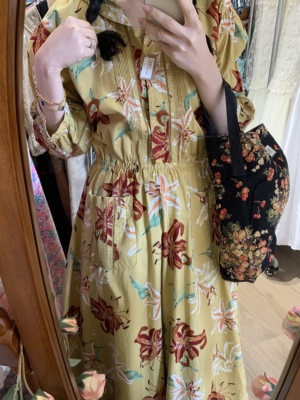 日本购回Ingeborg英格堡海军领百合花柄古着连衣裙