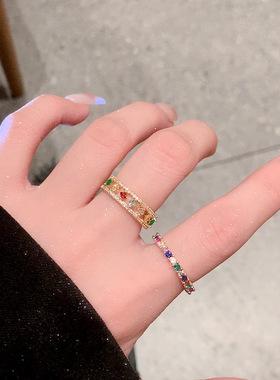 复古彩虹宝石戒指女小众高级素圈锆石开口戒指饰品钻戒尾戒托