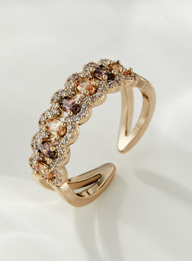 轻奢风微镶满锆镂空开口戒指小众高级感几何形可调节食指戒女指环