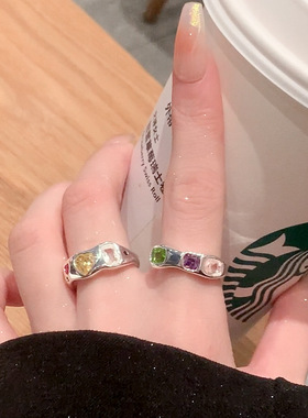 不规则彩钻锆石戒指女小众设个性计欧泊宝石素圈戒指复古开口指环