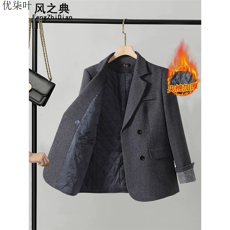 灰色毛呢西装外套女高级感2025新款秋冬加厚夹棉休闲女士西服上衣