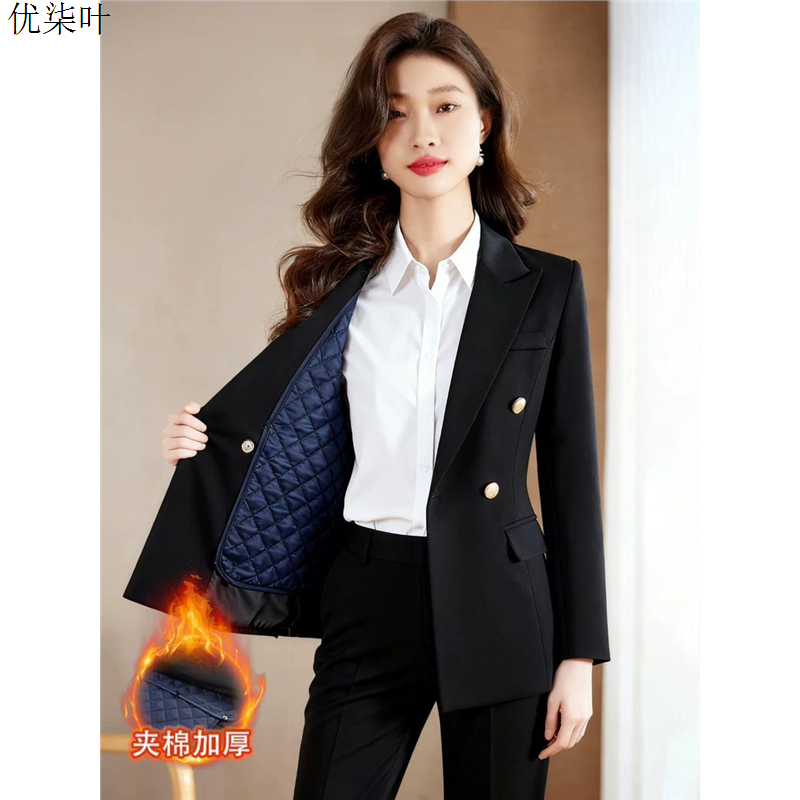 黑色职业西装套装女冬季加厚夹棉2025新款面试正装西服外套工作服