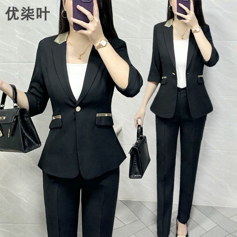 黑色西装外套女2025新款夏季高级感小个子薄款中袖小西服职业套装