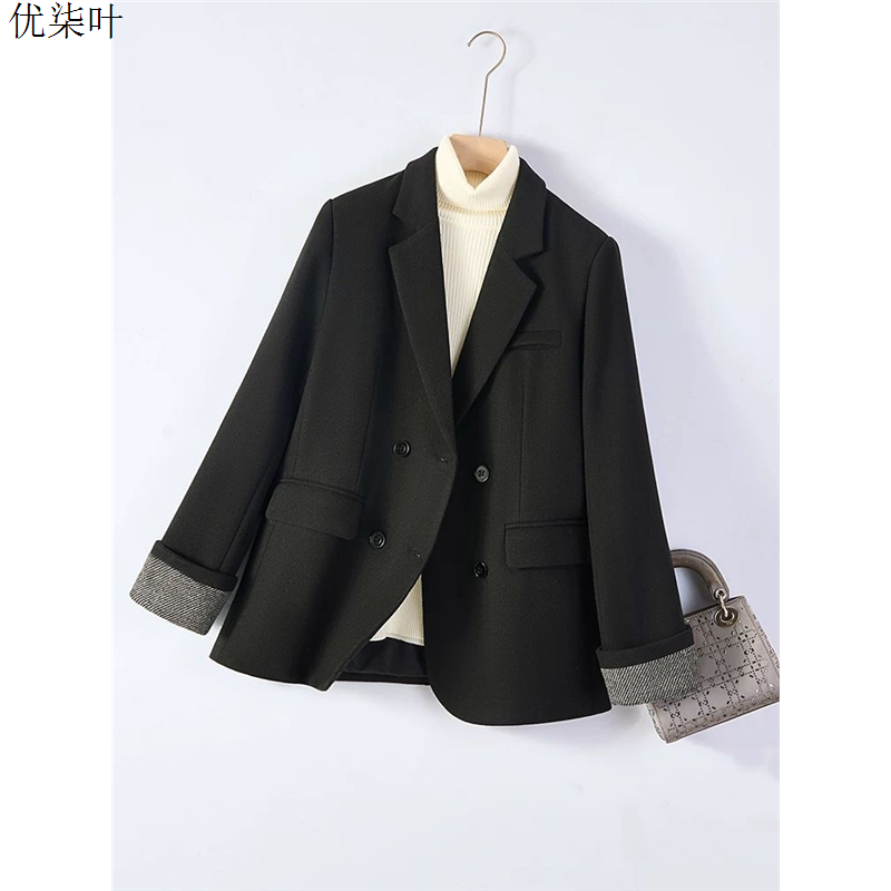 黑色毛呢西装外套女2025秋冬季加厚高级感气质通勤老钱风西服上衣