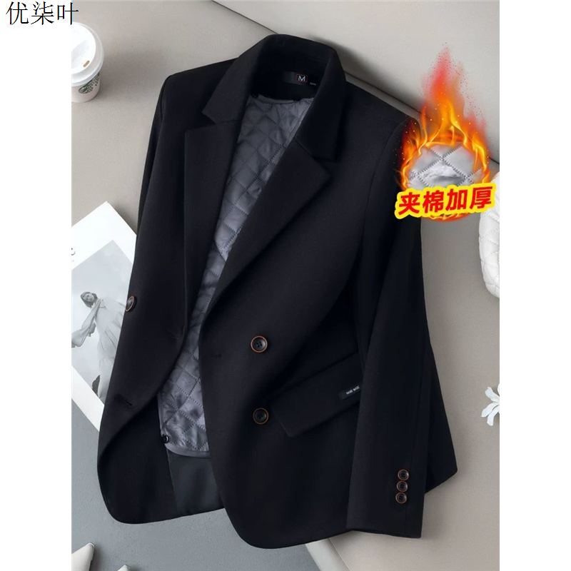 黑色休闲毛呢西装外套女冬季2025新款加厚夹棉高级感呢子西服上衣
