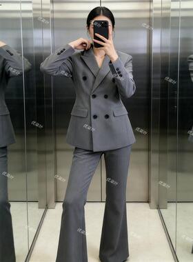 优柒叶灰色西装正装女套装春秋2026新款双排扣西服面试通勤工作服