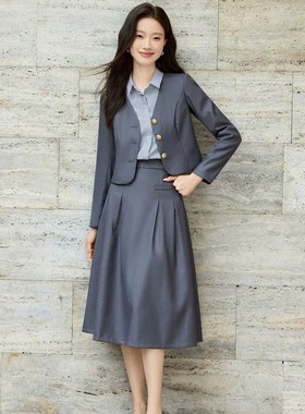 灰色西装套装女高级感春秋大学生教资面试通勤正装轻职场西服套裙