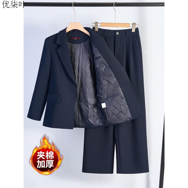 藏青色职业西装套装女冬季加厚2025新款小个子正装夹棉厚西服外套