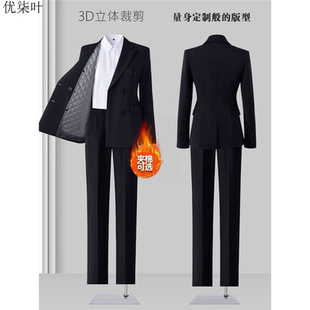 黑色西装套装女秋冬高级感大学生面试职业装正装夹棉西服外套加厚