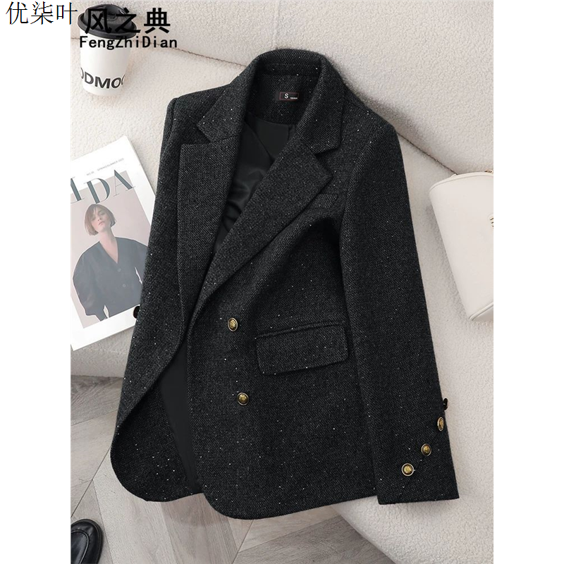 黑色羊毛西装外套女秋冬季2025新款高级感休闲小个子加厚毛呢西服