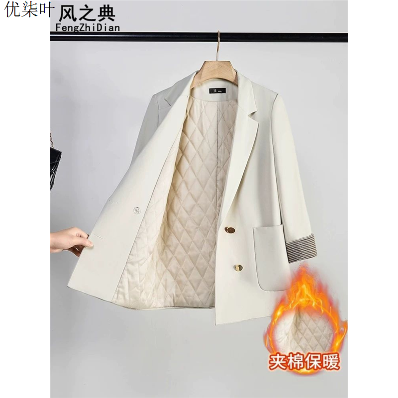 杏色夹棉西装外套女冬季2025新款休闲小个子高级感加厚小西服上衣