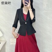 西装 时尚 搭配连衣裙时髦洋气职业工作服 黑色网纱袖 中袖 套装 女夏季