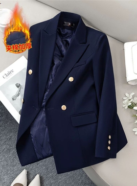 藏青色西装外套女加厚秋冬季职业正装职场高级感气质加棉西服套装