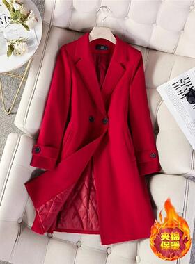 红色风衣外套女秋冬季休闲气质高级感夹棉保暖中长款职业西装套装