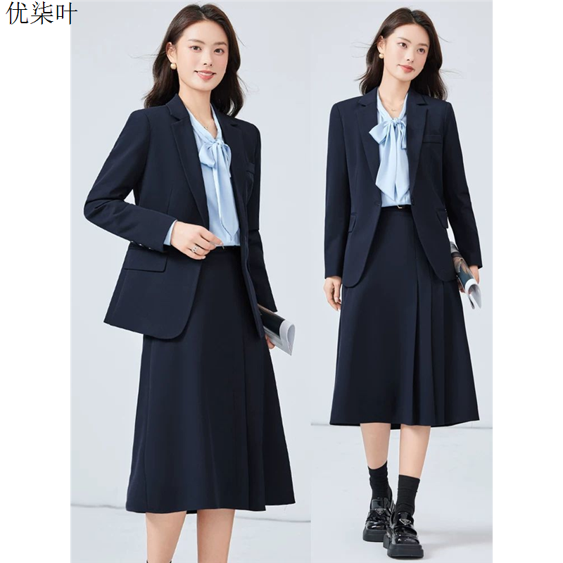 藏蓝色西装套装女大学生职业正装教资面试小个子穿搭女士西服外套