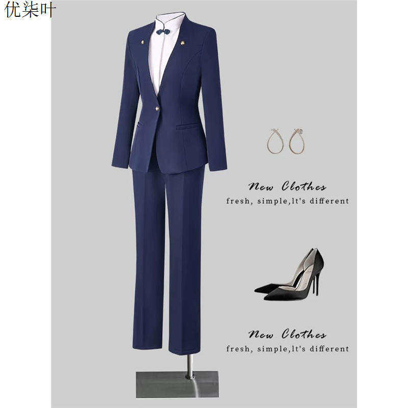藏青色无领西装套装女职业正装高级感酒店餐厅前台接待工作服西服