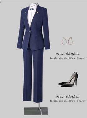 藏青色无领西装套装女职业正装高级感酒店餐厅前台接待工作服西服